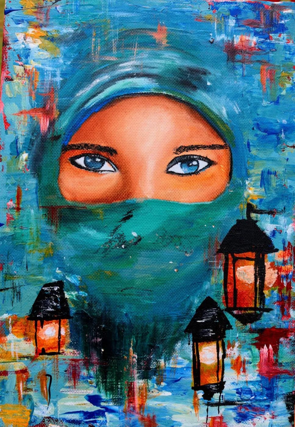 Portrait painting of a woman in a teal veil with blue eyes, surrounded by glowing lanterns