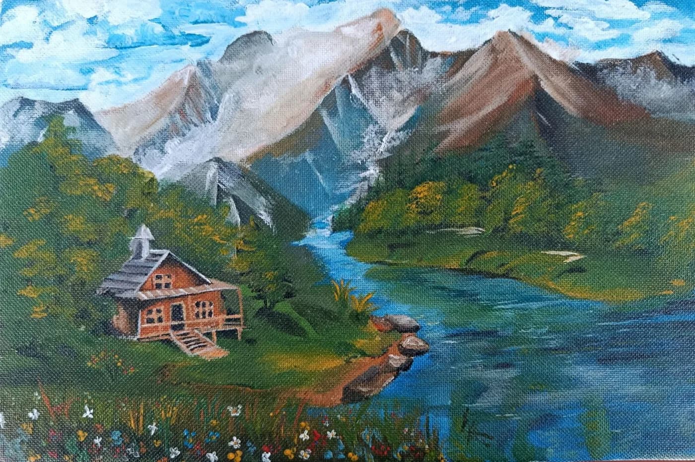Landscape painting of a wooden cabin beside a river, with snow-capped mountains behind